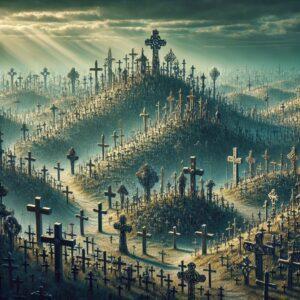 Hill of Crosses Lithuania rendered in a mystical 3D fantasy style