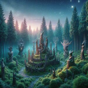 Enchanted forest scene from the Hill of Witches Lithuania with mystical wooden sculptures.