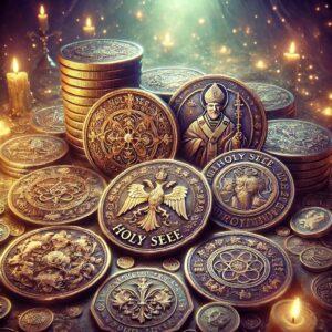 3D render of Holy See minted coins with religious symbols and pope portraits in a mystical backdrop