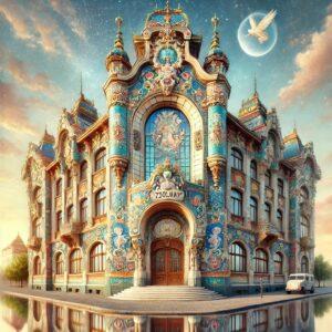3D render of Hungary Museum of Applied Arts with vibrant Zsolnay tiles in a fantasy style