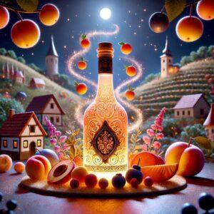 Hungary's traditional fruit brandy Pálinka in a fantasy-style 3D render with fruits and countryside