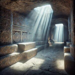 3D render of the Hypogeum of Ħal-Saflieni in Malta with limestone chambers and mystical lighting.