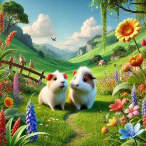 Two guinea pigs in a lush, fantasy-style meadow in Switzerland, surrounded by vibrant plants and colorful flowers.