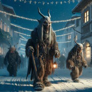 Krampus figures in a snowy Austrian village during the Krampus festival