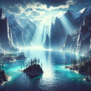 3D render of Lake Baikal's ancient waters in a fantasy style with mystical mountains and glowing ethereal light.