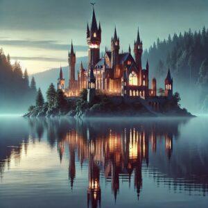 3D fantasy render of Lake Galvė floating castle surrounded by mist and forest.