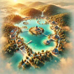 3D render of Lake Hévíz in Hungary with warm, mineral-rich waters and lush greenery.