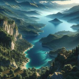 Lake Ohrid North Macedonia in a 3D rendered fantasy style, highlighting its deep blue waters and lush greenery.