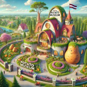 3D render of Latvia Potato Museum with whimsical potato exhibits in a fantasy style