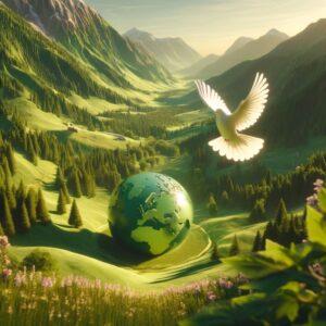 Serene landscape symbolizing Liechtenstein's commitment to peace with a dove overhead.