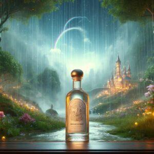 Fantasy-style 3D render of a bottle labeled Lithuanian Rain with a magical, rain-soaked Lithuanian landscape