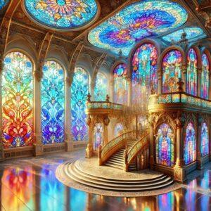 A magical 3D view of Luxembourg's stained glass museum with colorful glass panels.