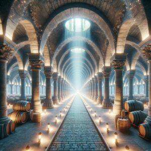 Expansive underground wine cellar in fantasy 3D render, hinting at Mileștii Mici's vastness.