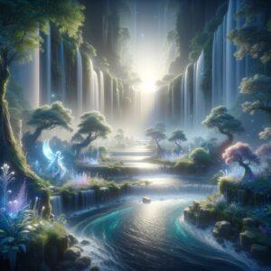 Ethereal 3D fantasy render of the Mirusha Waterfall River with magical light