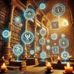 Enchanting 3D render of Moldova's largest postage stamp collection in a magical library