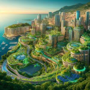 Monaco reimagined as a futuristic, sustainable city with lush parks and modern architecture.