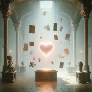 Ethereal 3D-rendered museum with floating love artifacts in a fantasy setting.