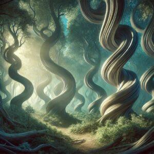 Mystical forest with dancing trees in a surreal, enchanted setting.