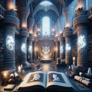 Mystical library with cat-themed books and artifacts in a fantasy world.