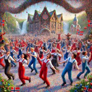 Colorful celebration of Norwegian Russ tradition with students in vibrant overalls.