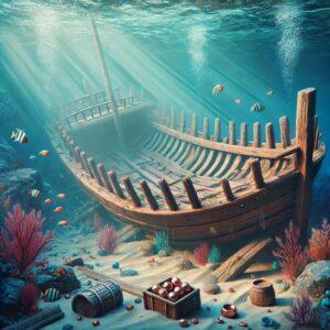 3D render of the oldest known shipwreck in the world underwater with colorful coral and marine life