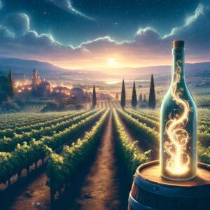 Mystical bottle of the oldest wine in the world in ancient Cyprus vineyards under twilight sky.