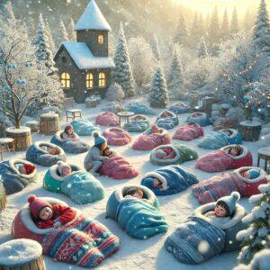 Children napping outdoors in a snowy Norwegian kindergarten setting.