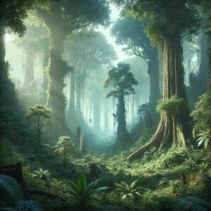 A breathtaking 3D render of Perućica primeval forest in a fantasy style with ancient trees and lush greenery.