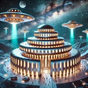 3D render of the Příbram UFO Museum in a fantasy style with futuristic architecture and UFOs hovering above.