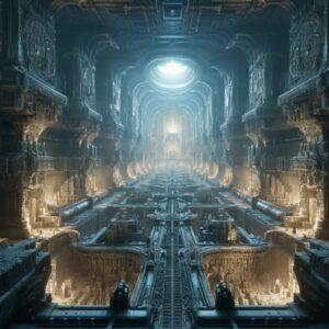 Fantasy 3D render of Resavica Underground Military Complex with illuminated tunnels