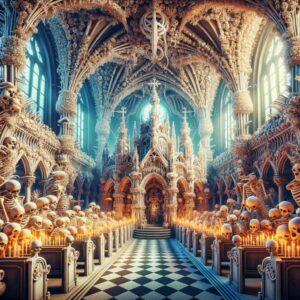 Fantasy-style 3D render of Sedlec Ossuary Czech Republic, a mystical chapel of bones.
