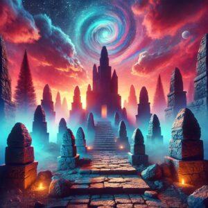 3D render of Serbia's Devil's Town in a fantasy style, showing eerie stone pyramids with stone caps under a mystical sky.