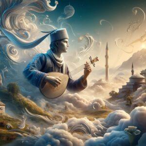 Traditional Sevdah musician playing saz in a fantasy Balkan landscape