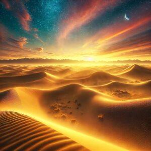 Singing sand dunes of Altyn-Emel National Park with a fantasy sunset.