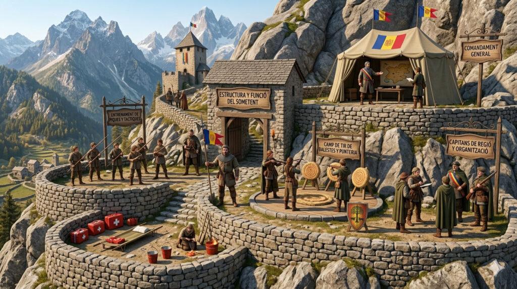 3D render in fantasy style depicting the structure and function of Andorra's unique defense system, the Sometent.