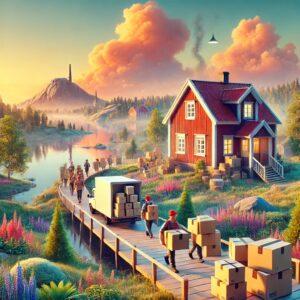 Fantasy 3D render of people moving a house in a serene Swedish landscape