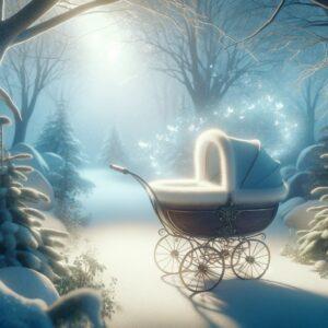 Swedish pram in an enchanted snowy setting, symbolizing the Swedish baby napping culture.