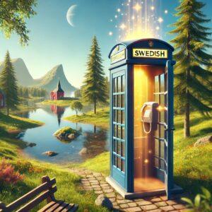 A 3D rendered fantasy-style image of a Swedish phone booth in a picturesque Scandinavian landscape symbolizing The Swedish Number.