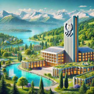 3D render of Switzerland Olympic Committee headquarters in Lausanne with Alps and Lake Geneva in a fantasy style