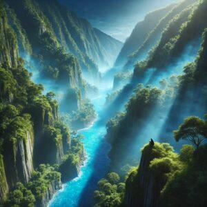 Tara River Canyon depicted in a fantasy style with lush cliffs and a mystical blue river.