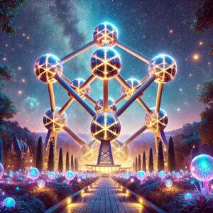 3D render of the Atomium in Belgium in a fantasy style with glowing elements