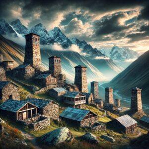 Ushguli, Europe's highest village in the Caucasus, featuring traditional stone towers and rugged mountains.