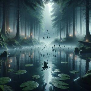 Mystical view of Witch Pond Romania with frozen frogs and misty forests in a 3D fantasy style.