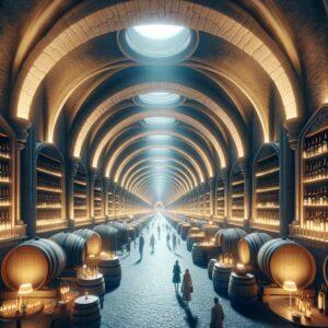 Expansive ancient tunnel with barrels and wine racks, illuminated by soft light, capturing the essence of the World's Longest Wine Bar in Luxembourg.