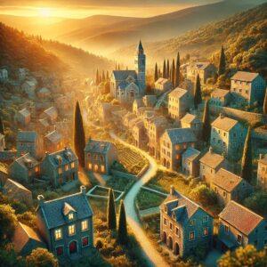 3D fantasy render of Hum, Croatia, showcasing its medieval architecture and lush surroundings.