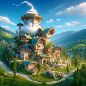 3D rendered fantasy-style yogurt museum in picturesque Bulgarian mountains