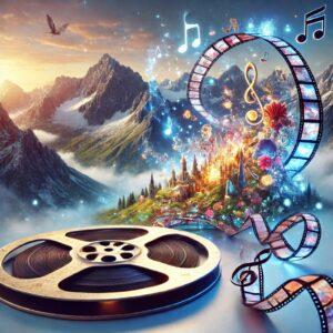 3D fantasy-style rendering of the Austrian Alps with a movie reel unrolling, transforming into musical notes representing The Sound of Music.