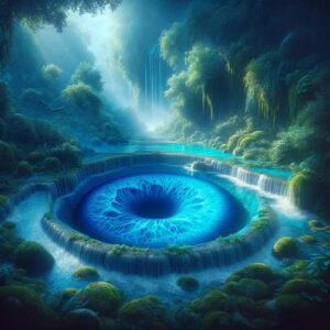Mystical Blue Eye Spring in Albania surrounded by lush greenery in a 3D fantasy style
