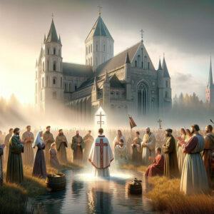 3D fantasy image of Christianization of Lithuania with cathedral and baptism scene