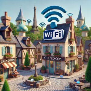 A picturesque 3D render of Condom, a French village with fantasy elements and Wi-Fi symbols.
